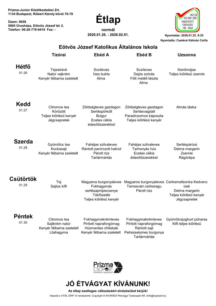Eotvos Alt. Iskola 5. Heti Etlap