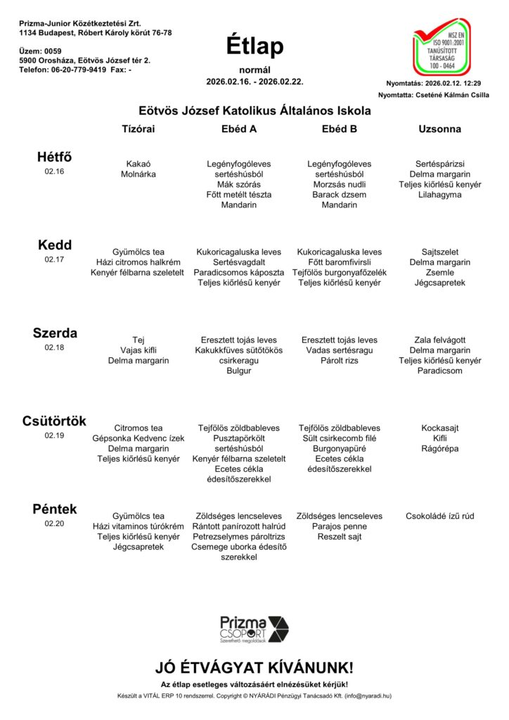 Eotvos Alt. Iskola 8. Heti Etlap