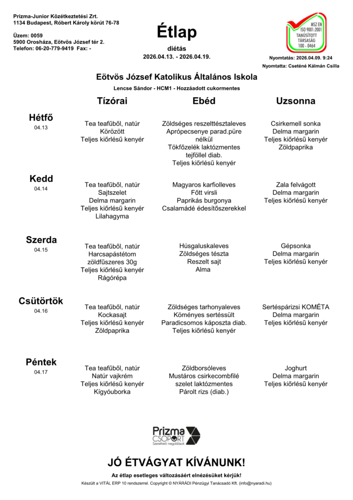 Eotvos Alt. Iskola 16. Heti Dietas Etlap