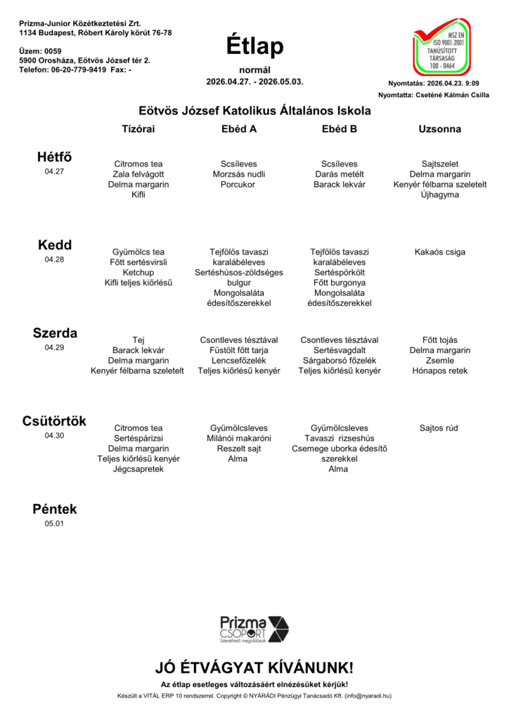 Eotvos Alt. Iskola 18. Heti Etlap