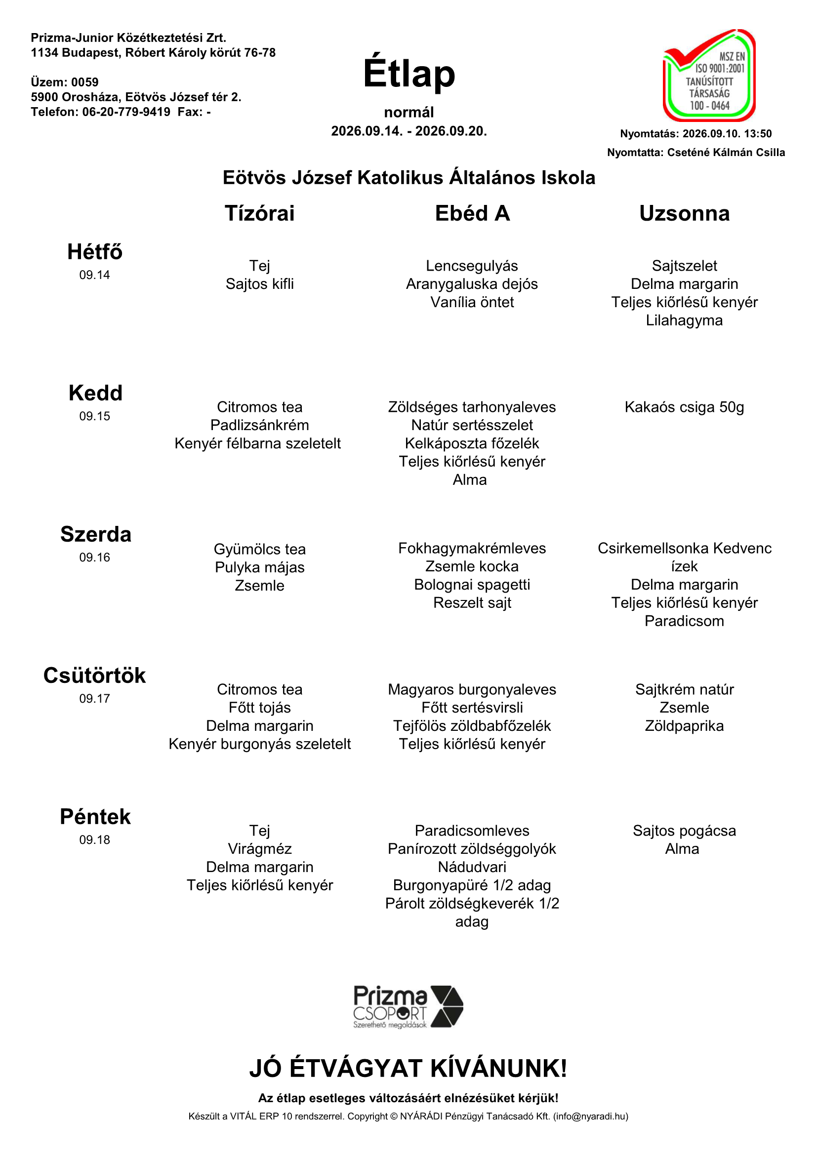 Eotvos Alt. Iskola 38. Heti Etlap